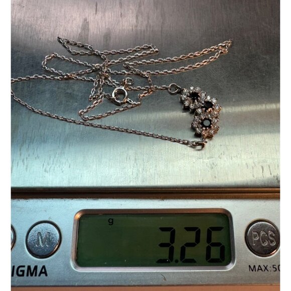 Sterling Silver 925 Black & White Gemstone Flower Pendant Necklace, 16" - Picture 9 of 9